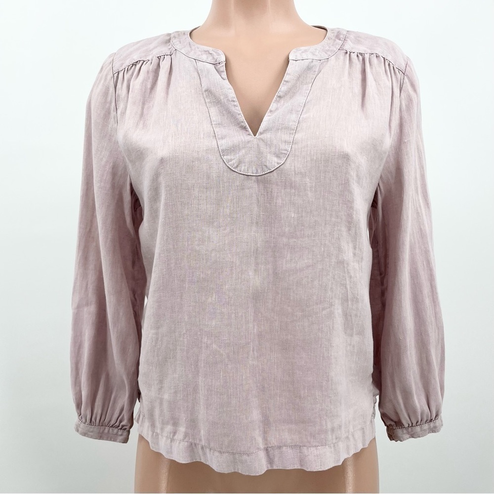 H by Halston 100% Linen Long Sleeve V-Neck Pastel Lavender Blouse Top Size Small